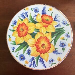 Colorful Daffodil tin.  Blue and Yellow.  Spring Floral Collectible tin. 10”